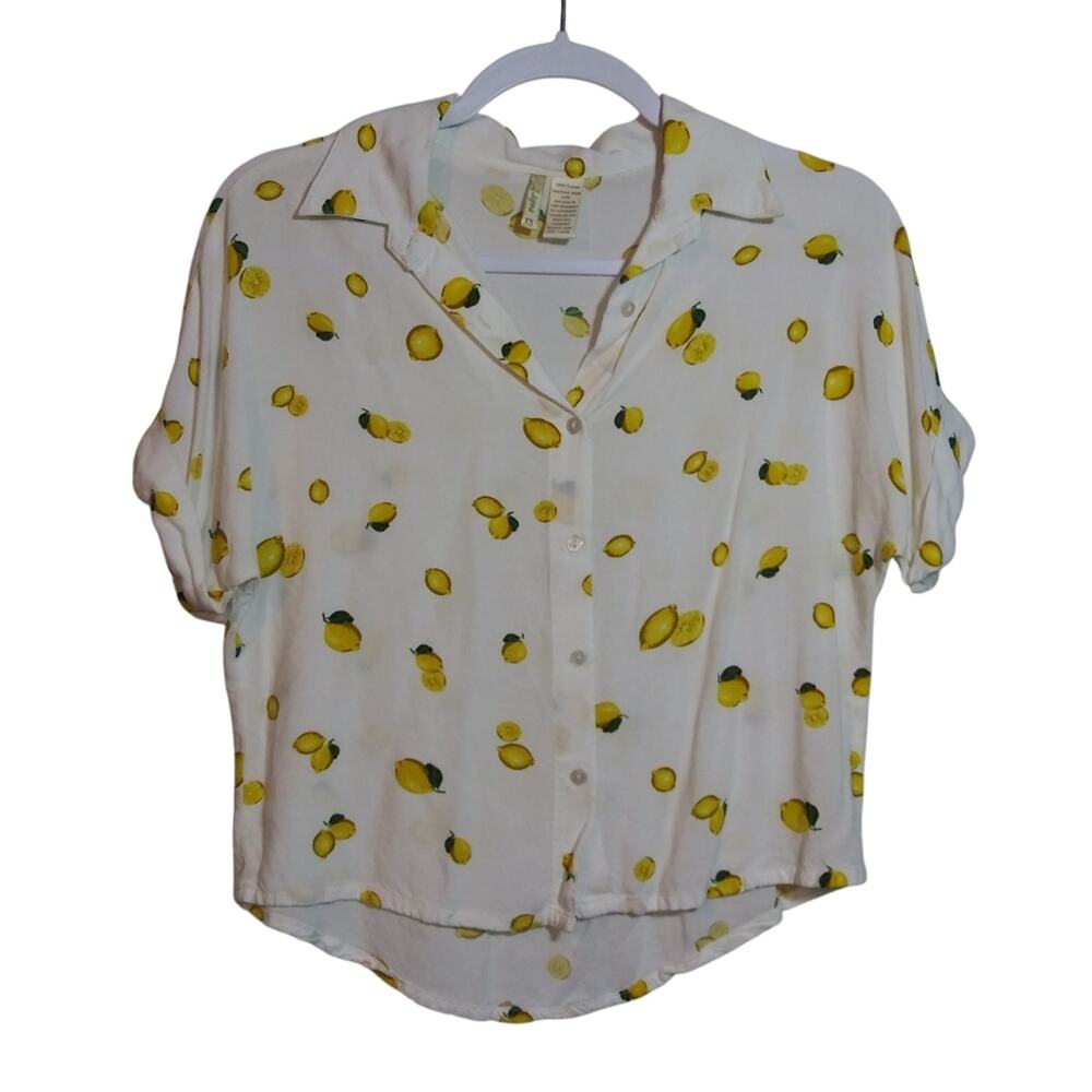 Japna White Lemon Print Button-Up Crop Novelty Shirt Size XS